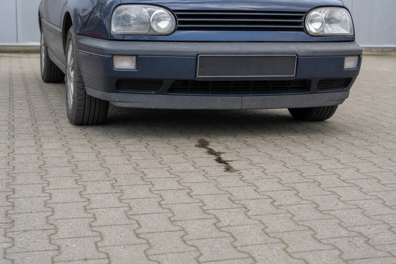 Beispielhafte Verkaufssituation: sichtbare Flüssigkeitsspur unter einem Fahrzeug auf einem Bergkamener Betriebshof