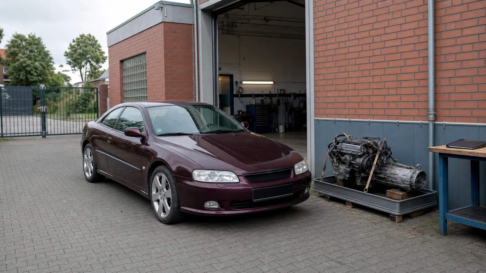 Beispielhafte Verkaufssituation: coupé neben einem separat gelagerten Motor auf einem Werkstatthof in Bochum-Langendreer