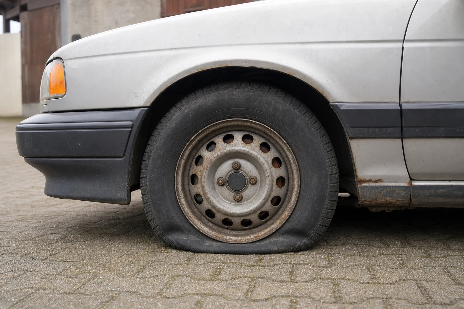 Beispielhafte Verkaufssituation: deutlich abgesunkener Reifen an einem länger abgestellten Fahrzeug in Bönen