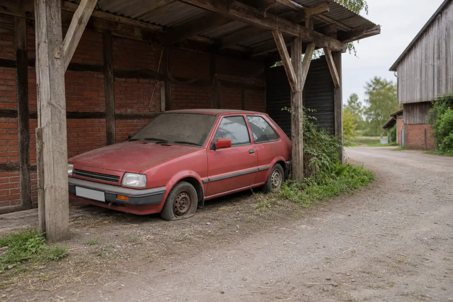 Beispielhafte Verkaufssituation: lange abgestellter Kleinwagen unter einem Hofunterstand bei Nordbögge