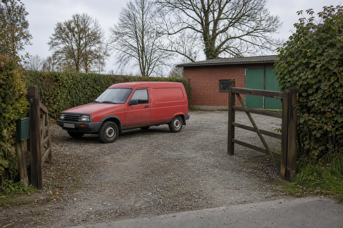 Beispielhafte Verkaufssituation: älterer Transporter auf einem zugänglichen Hof im Dattelner Bereich Ahsen