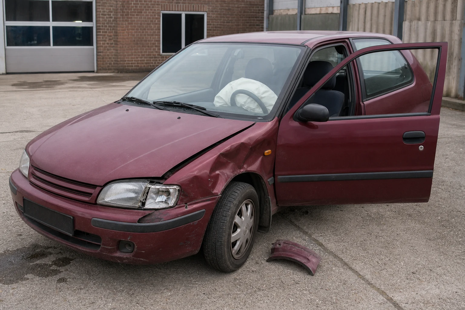 Beispielhafte Verkaufssituation: unfallwagen mit ausgelöstem Airbag auf einem Werkstatthof in Wulfen