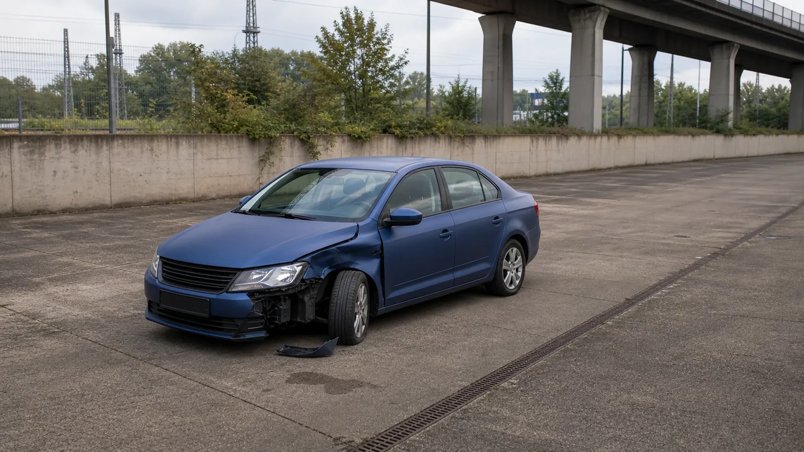 Beispielhafte Verkaufssituation: unfallwagen mit beschädigtem Vorderrad auf einer offenen Fläche in Duisburg