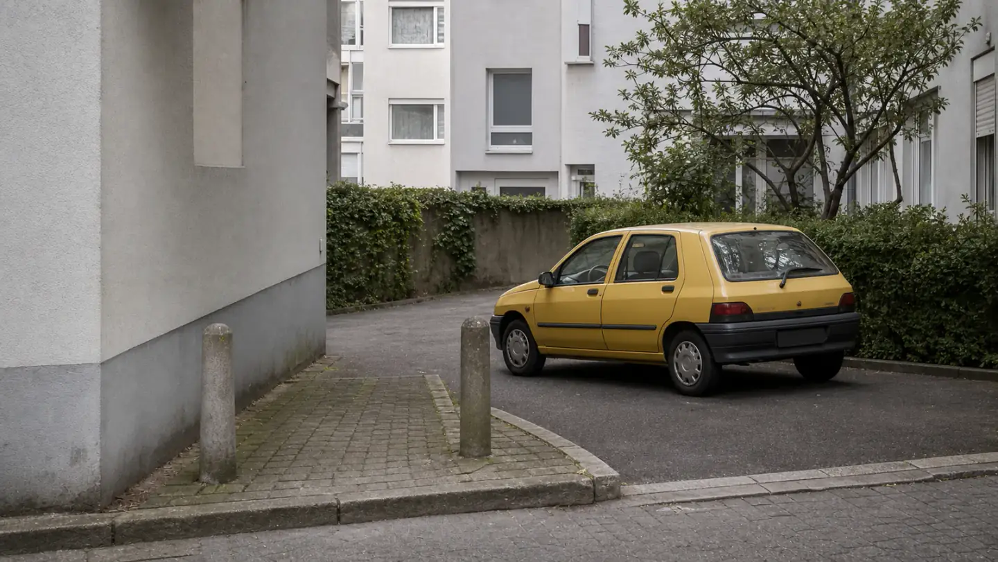 Beispielhafte Verkaufssituation: kleinwagen an einer engen Wohnhofzufahrt mit Bordstein und Pollern in Duisburg