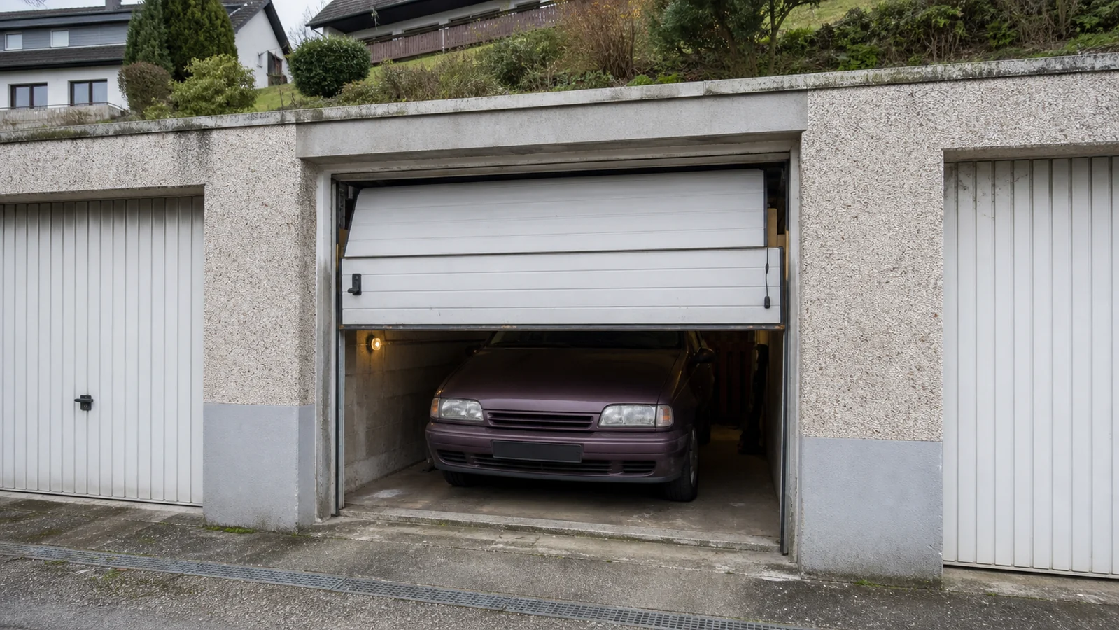 Beispielhafte Verkaufssituation: kleinwagen hinter einem nur halb geöffneten Sektionaltor in einer Garage in Ennepetal-Büttenberg