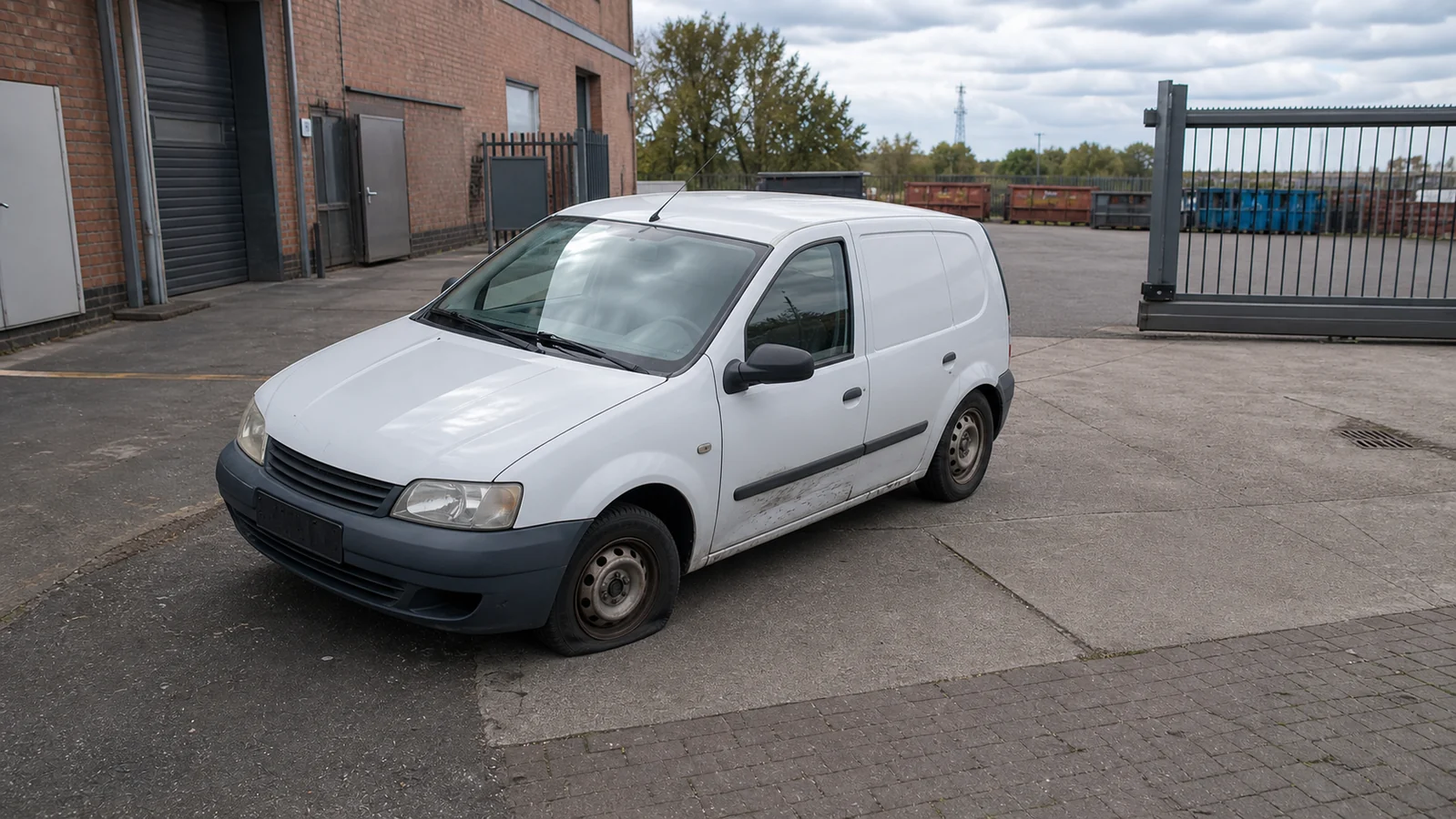 Beispielhafte Verkaufssituation: lieferwagen mit plattem Vorderreifen auf einem zugänglichen Essener Betriebshof
