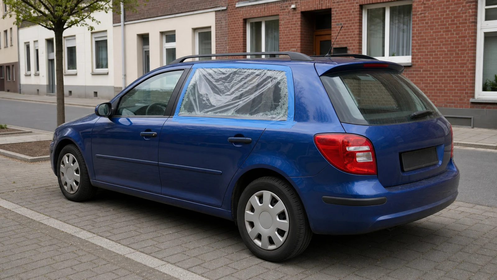 Beispielhafte Verkaufssituation: kombi mit transparent gesicherter eingeschlagener Seitenscheibe in der Gevelsberger Innenstadt