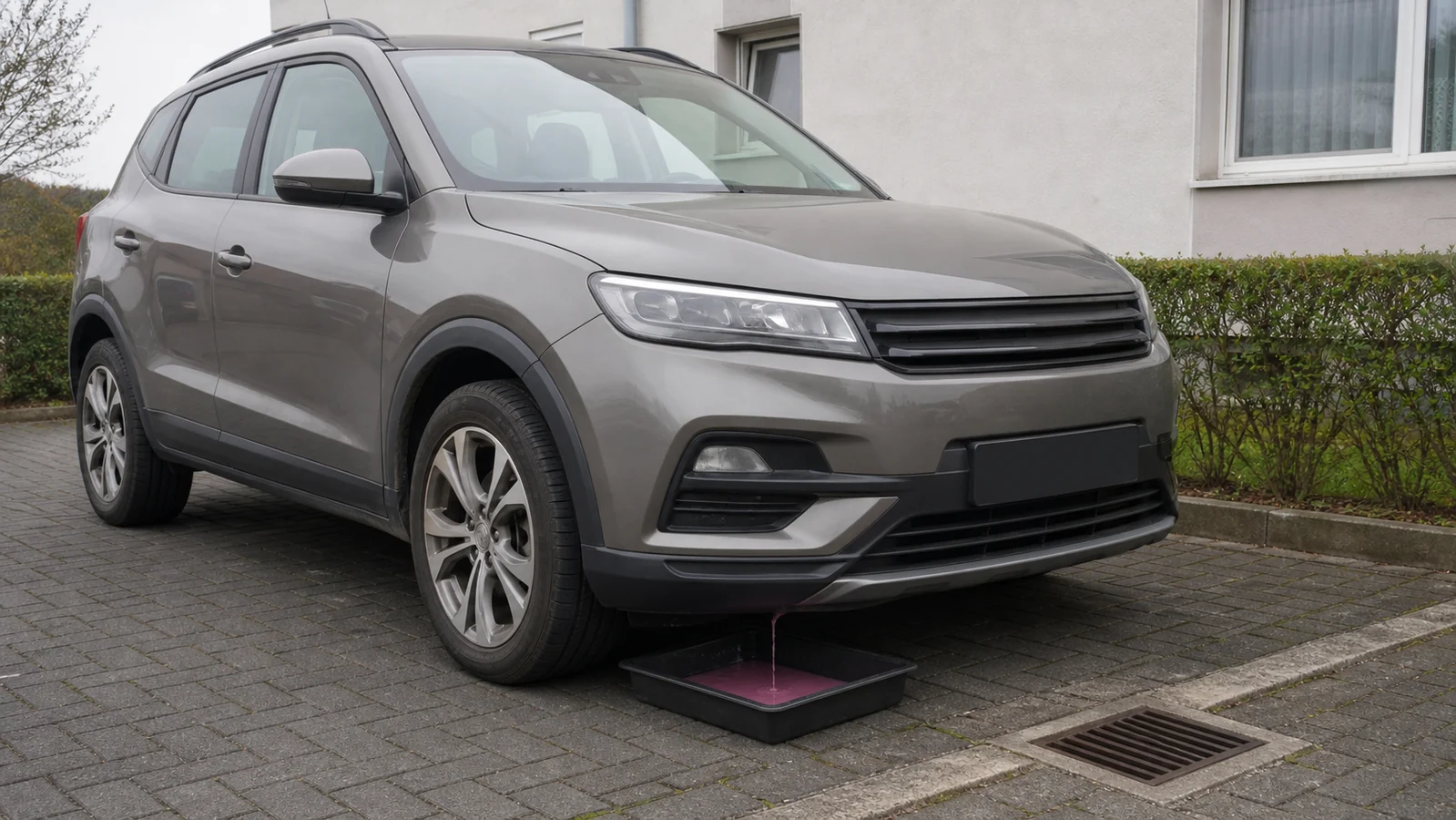Beispielhafte Verkaufssituation: sUV mit aufgefangenem rosa Kühlmittelverlust auf einem Privatstellplatz in Gevelsberg-Silschede