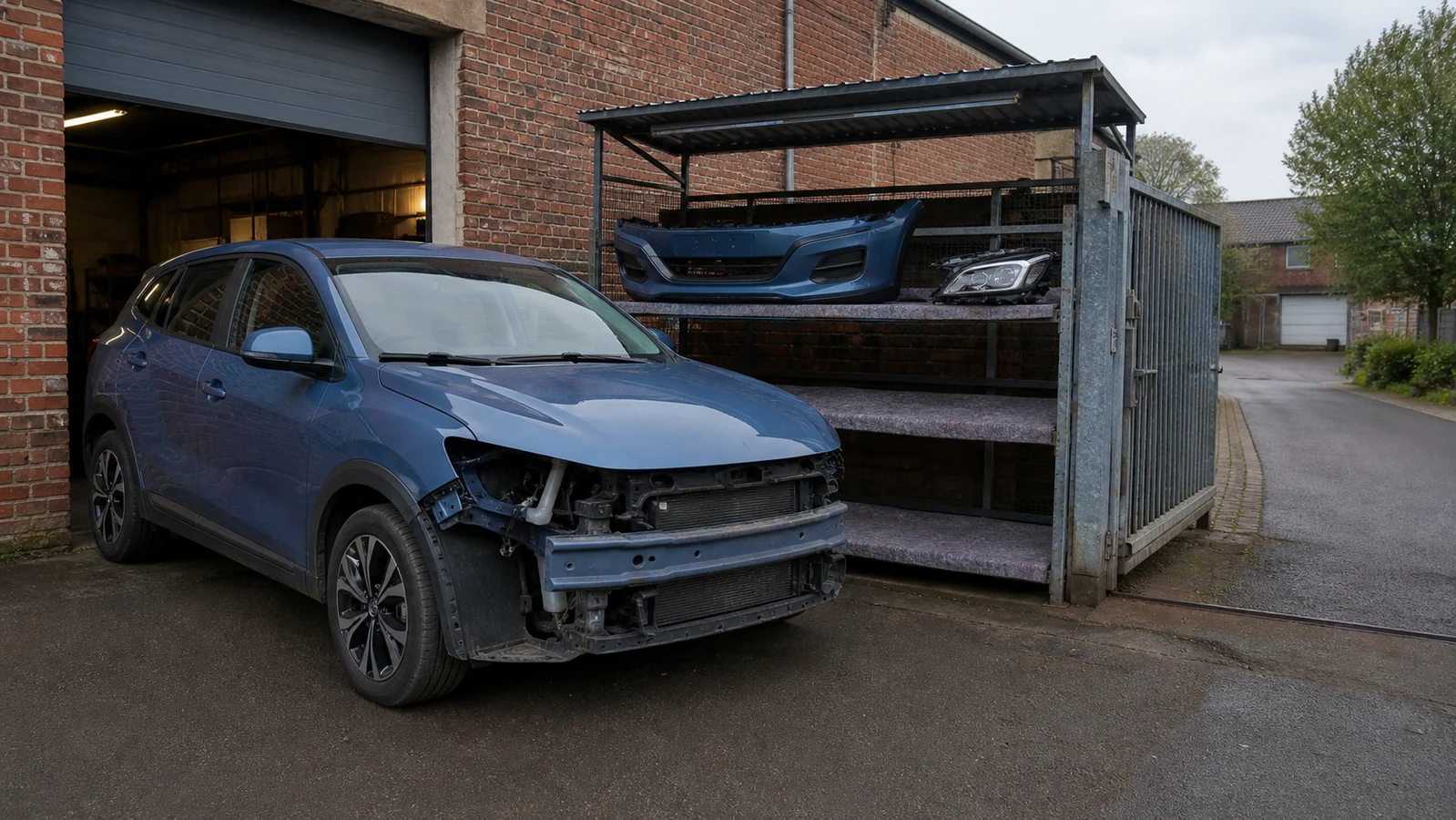 Beispielhafte Verkaufssituation: unfallwagen mit separat gelagertem Stoßfänger auf einem Werkstatthof in Hagen-Hohenlimburg