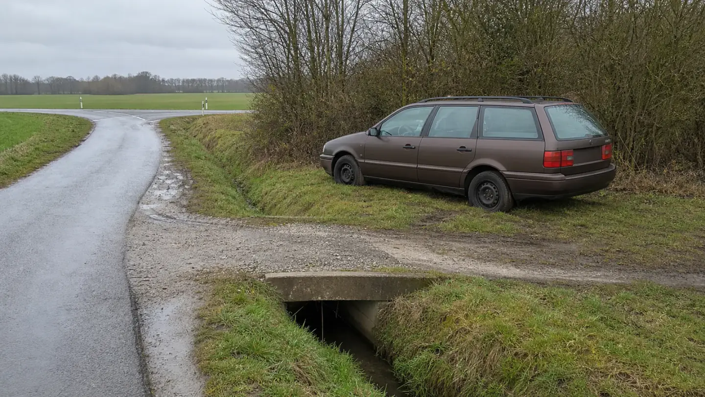 Beispielhafte Verkaufssituation: kombi auf einem nassen weichen Seitenstreifen an einer Feldzufahrt in Hamm-Rhynern