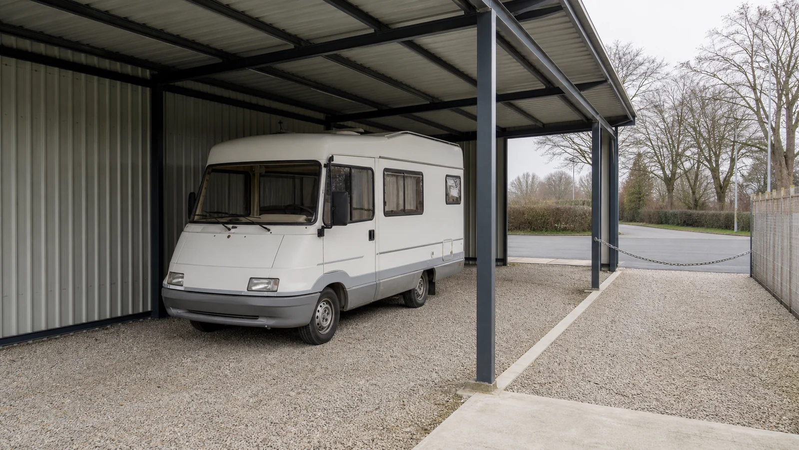 Beispielhafte Verkaufssituation: wohnmobil unter einer engen offenen Lagerüberdachung in Hamm-Bockum-Hövel
