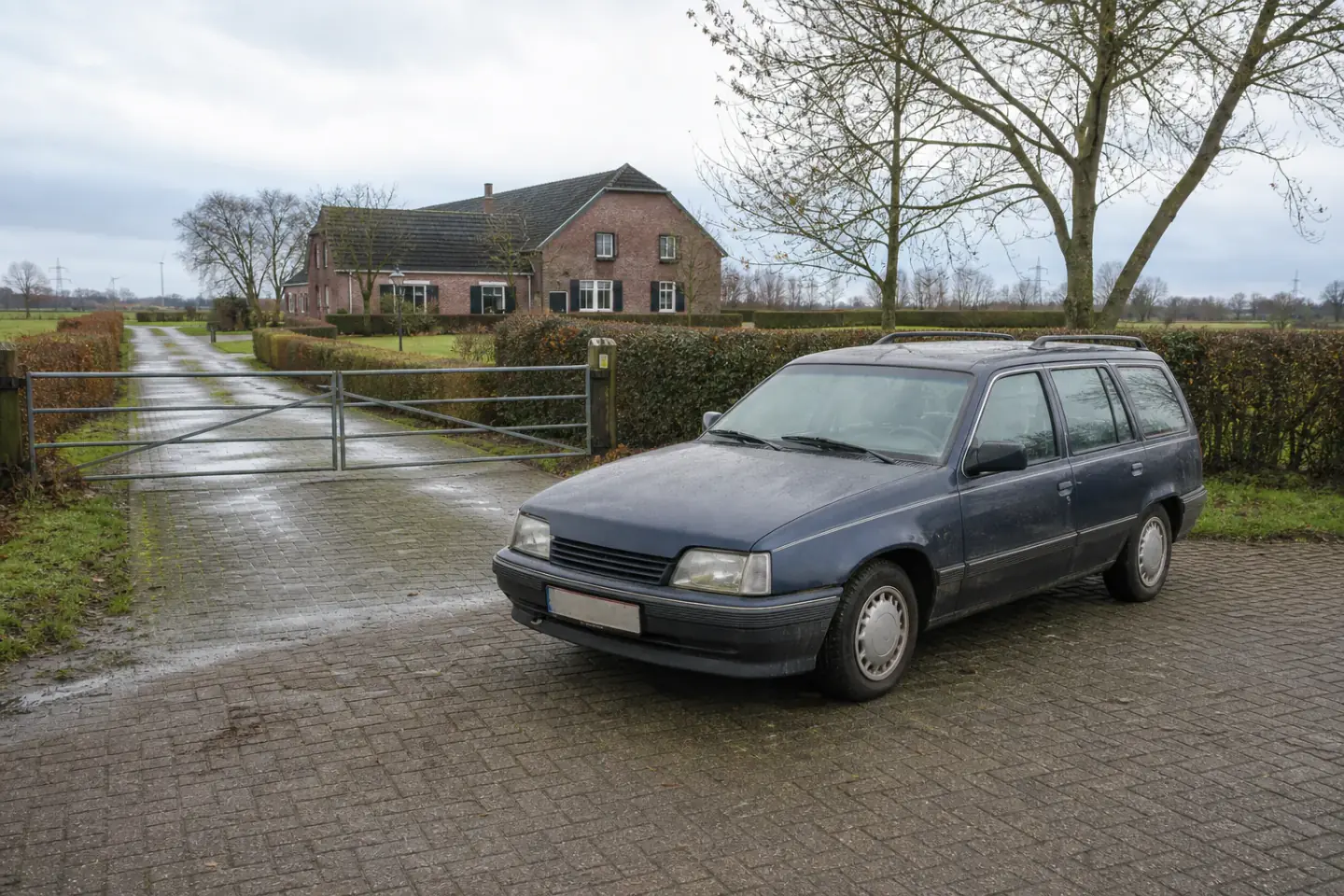 Beispielhafte Verkaufssituation: älterer Kombi vor einer breiten Hofzufahrt im ländlichen Hamminkeln