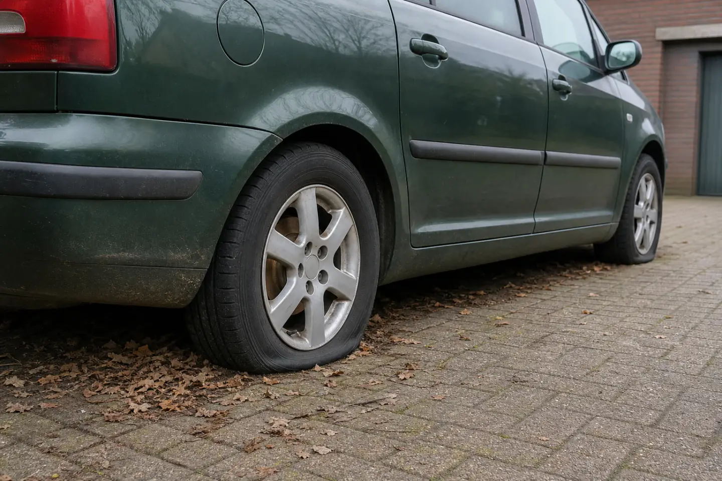 Beispielhafte Verkaufssituation: abgesunkener Reifen eines lange abgestellten grünen Fahrzeugs in Hamminkeln