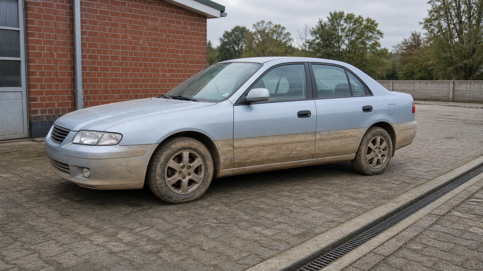Beispielhafte Verkaufssituation: limousine mit getrockneter Schlammkante nach einem Wasserschaden in Hattingen-Winz-Baak