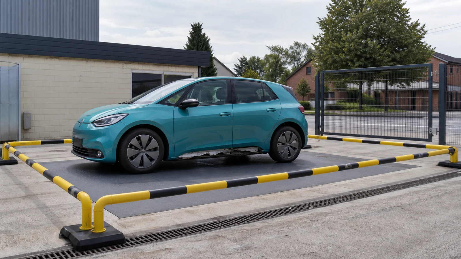 Beispielhafte Verkaufssituation: elektroauto mit Unterbodenschaden in einem abgesperrten Sicherheitsbereich in Herne-Sodingen