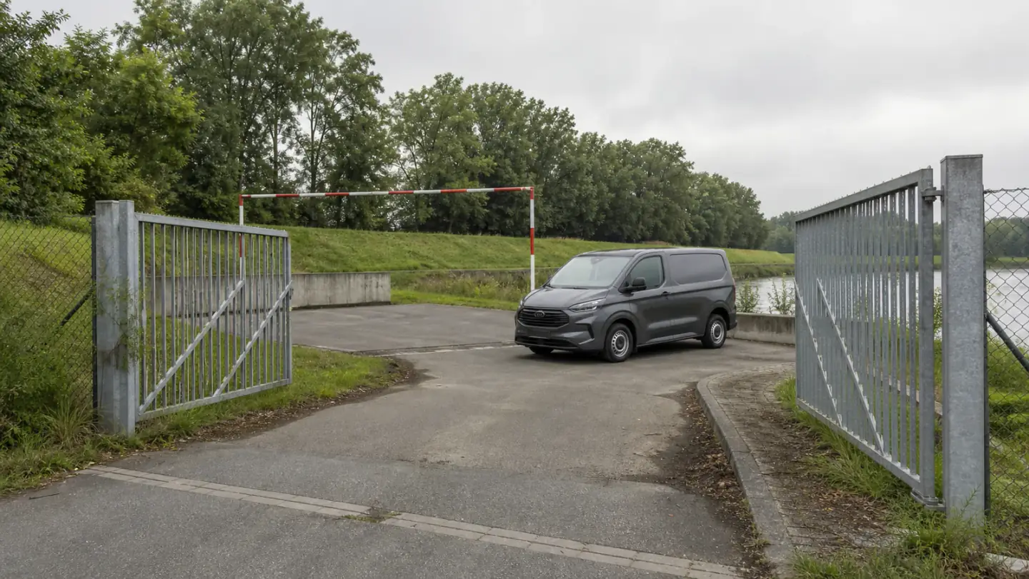 Beispielhafte Verkaufssituation: kastenwagen hinter einem geöffneten Zufahrtstor am Kanal in Herne-Crange