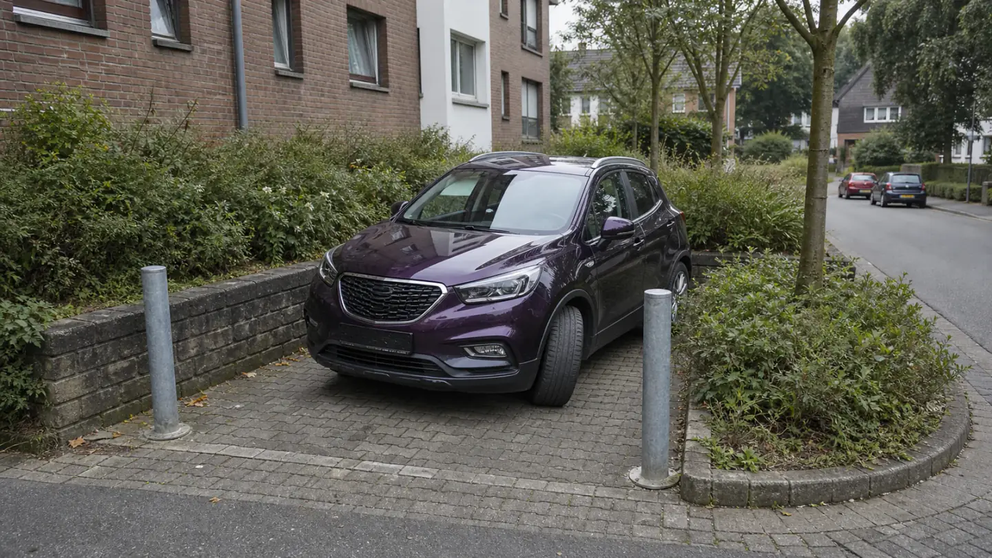 Beispielhafte Verkaufssituation: sUV mit eingeschlagenen Vorderrädern zwischen festen Pollern in Herne-Wanne