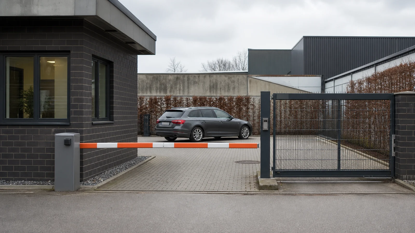 Beispielhafte Verkaufssituation: firmenkombi hinter geschlossener Schranke und Schiebetor auf einem Betriebshof in Herten-Ewald