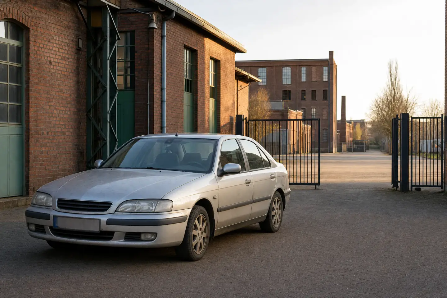 Beispielhafte Verkaufssituation: limousine auf einem zugänglichen Backstein-Industriehof in Kamp-Lintfort