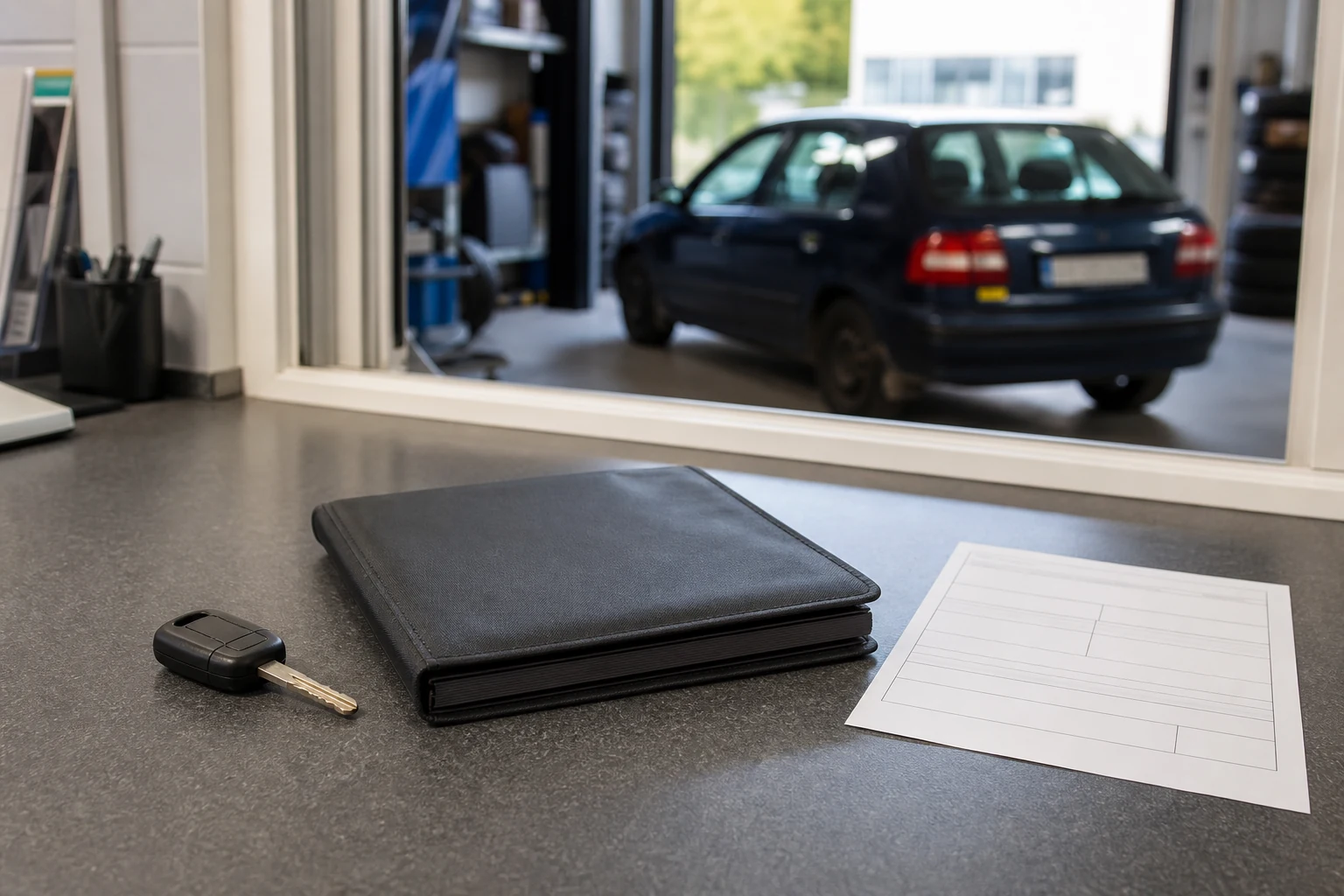 Beispielhafte Verkaufssituation: fahrzeugschlüssel und geschlossene Unterlagen an einer Werkstatt in Kamp-Lintfort