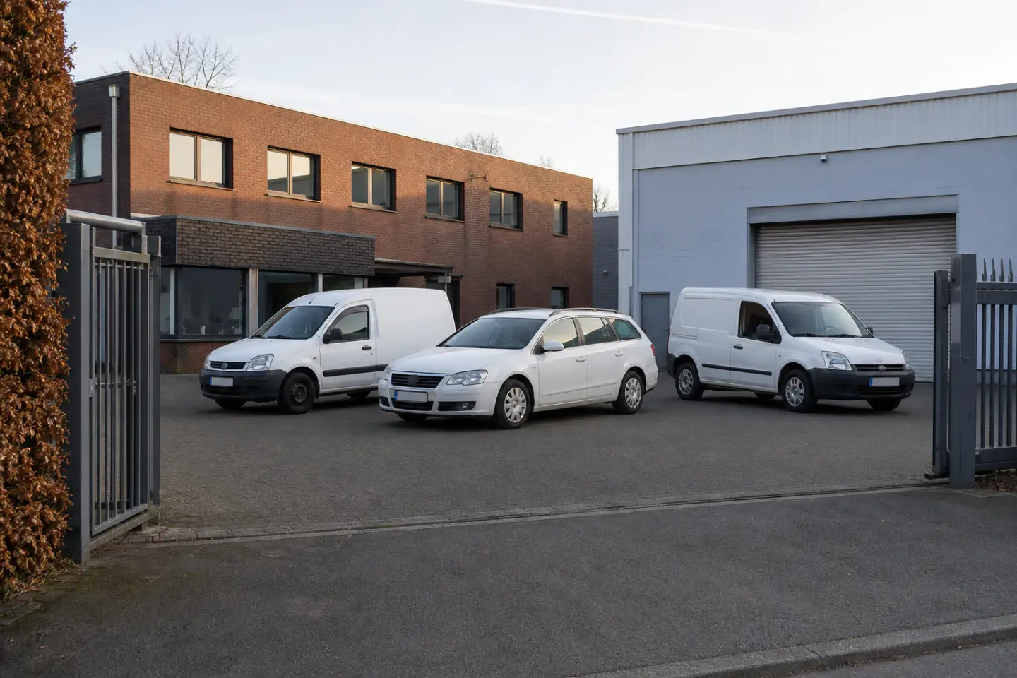 Beispielhafte Verkaufssituation: drei unterschiedliche Firmenfahrzeuge auf einem zugänglichen Gewerbehof in Moers