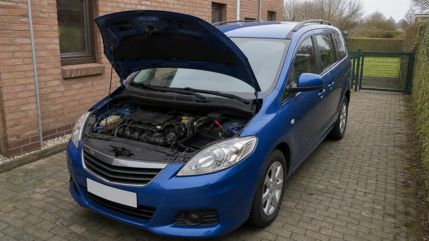 Beispielhafte Verkaufssituation: kompaktvan mit geöffneter Motorhaube und leerem Batteriefach auf einer Einfahrt in Rapen