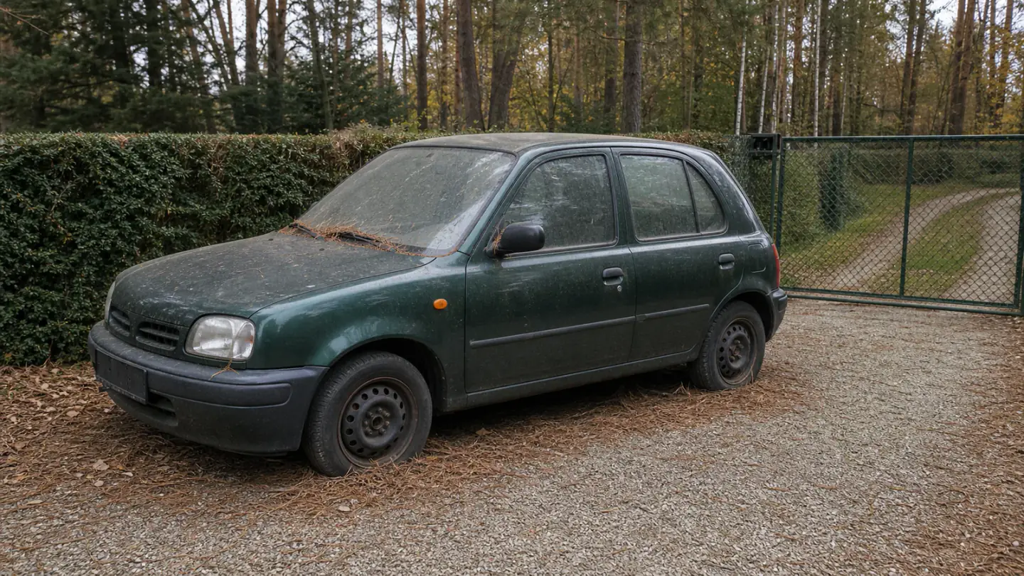 Beispielhafte Verkaufssituation: älterer Kleinwagen nach langer Standzeit auf einem Schotterplatz am Haardrand in Oer-Erkenschwick