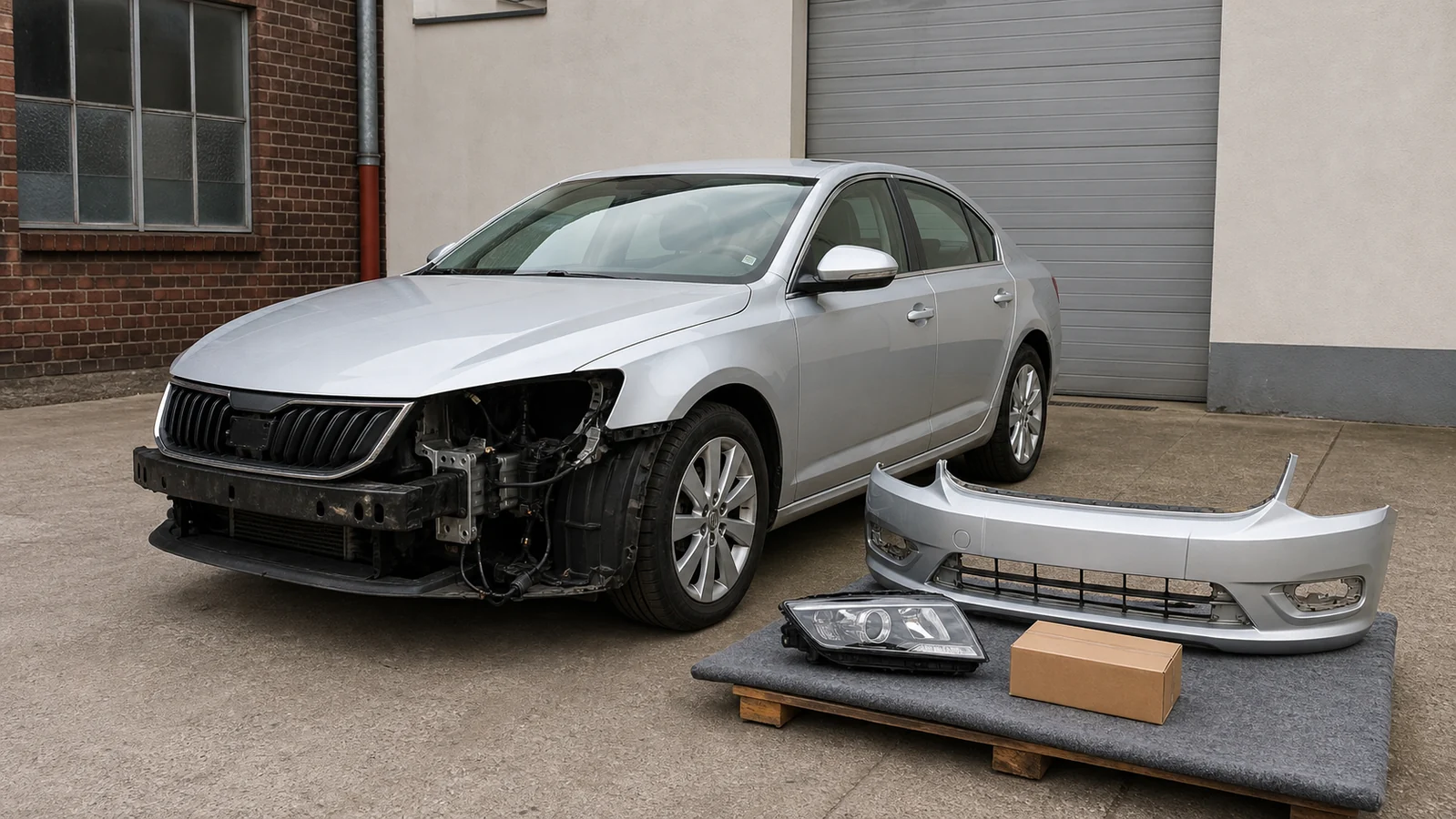 Beispielhafte Verkaufssituation: limousine mit demontiertem Stoßfänger und Scheinwerfer vor einer Werkstatt in Recklinghausen-Süd