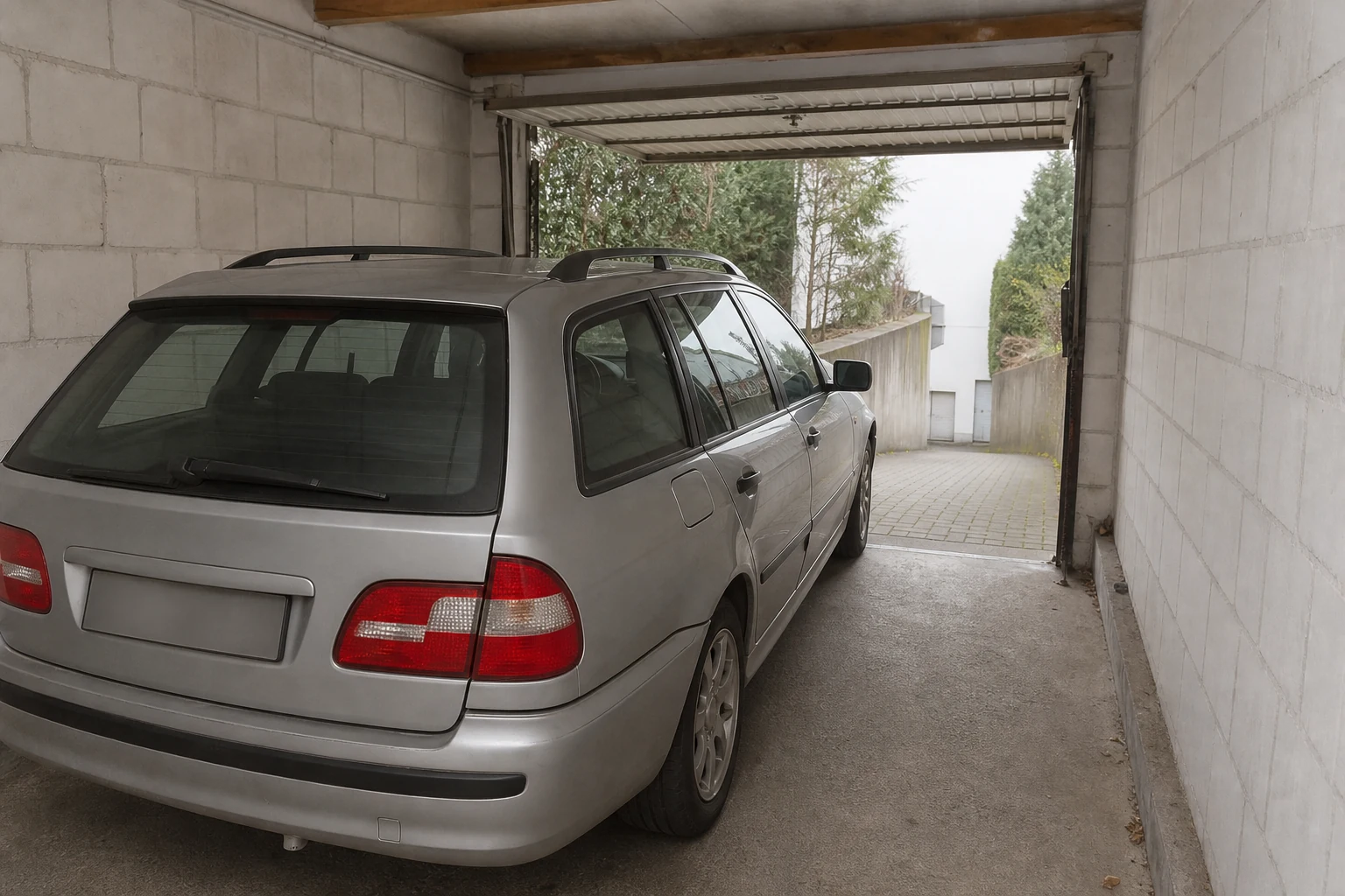 Beispielhafte Verkaufssituation: blick aus einer Garage auf die abfallende Ausfahrt in Schwerte-Villigst