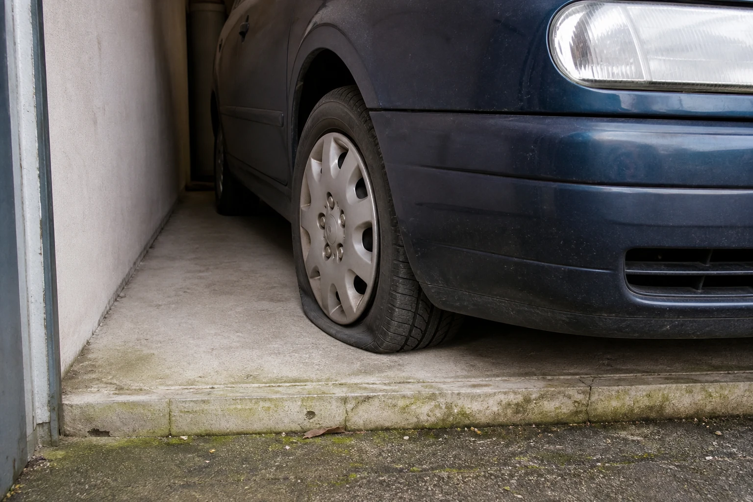 Beispielhafte Verkaufssituation: platter Vorderreifen direkt hinter einer Garagenschwelle in Schwerte
