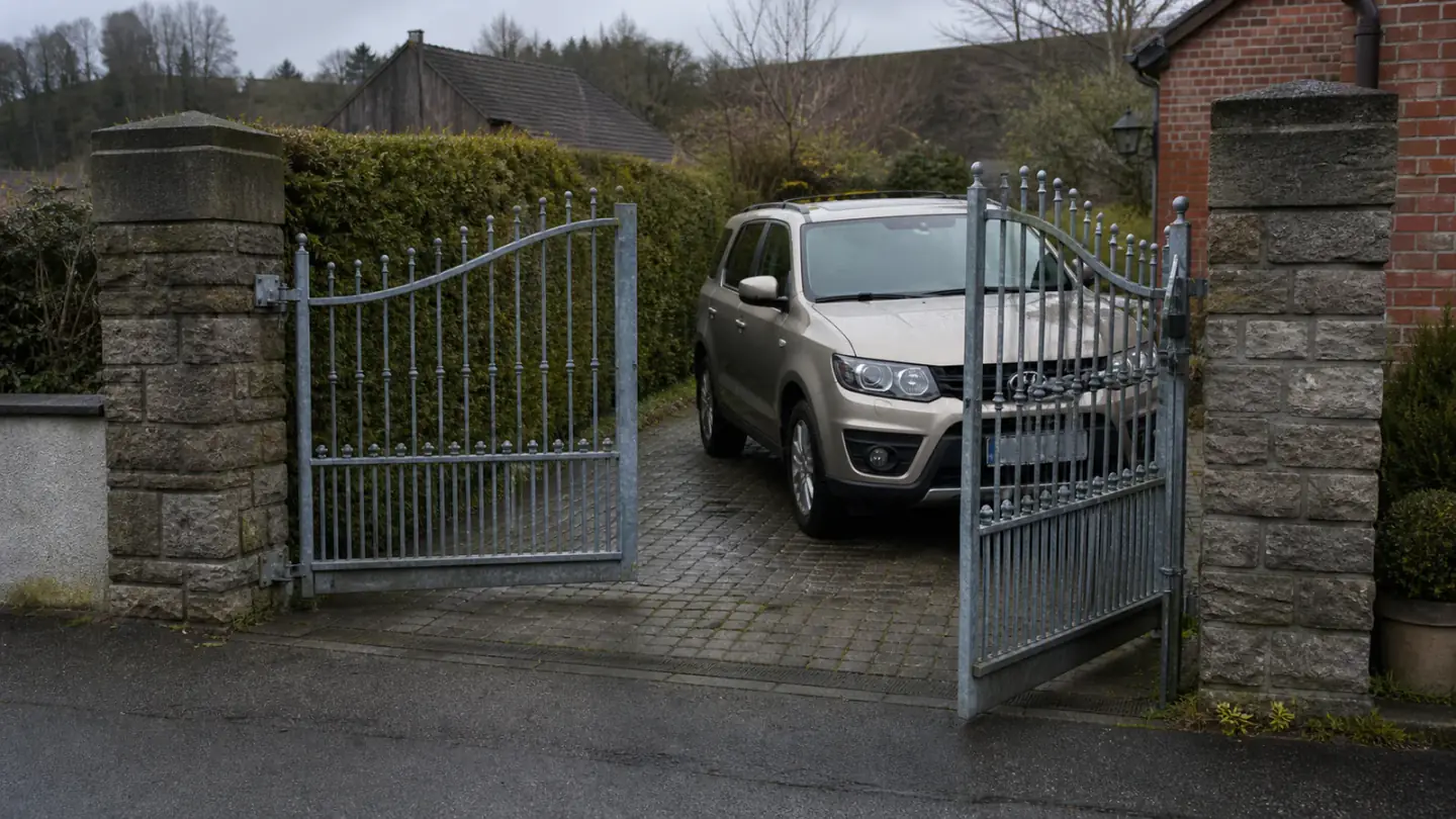 Beispielhafte Verkaufssituation: geländewagen unmittelbar hinter einem nach innen öffnenden Hoftor in Sprockhövel-Obersprockhövel