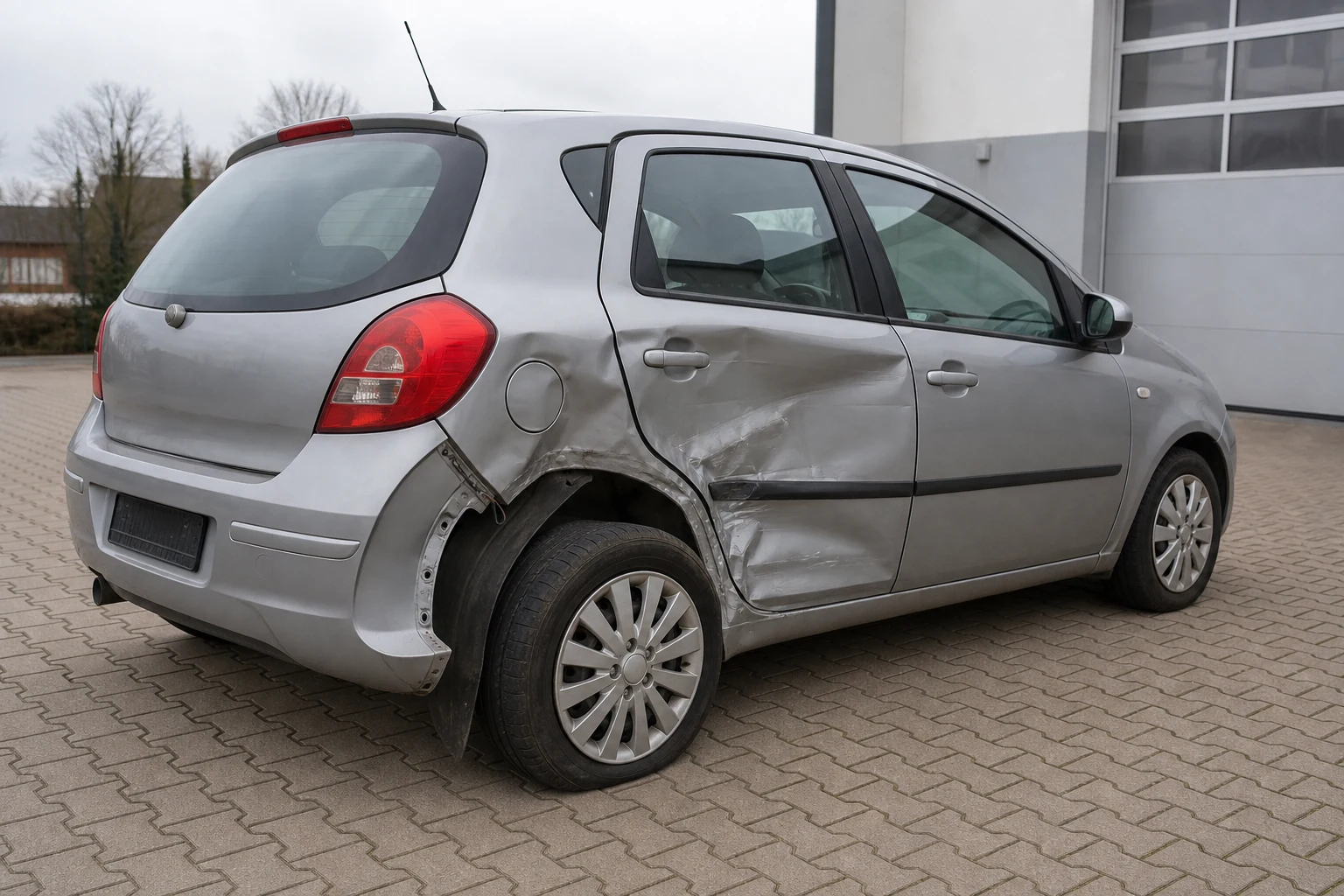 Beispielhafte Verkaufssituation: unfallfahrzeug mit Seitenschaden und auffälliger Radstellung auf einem Unnaer Werkstatthof