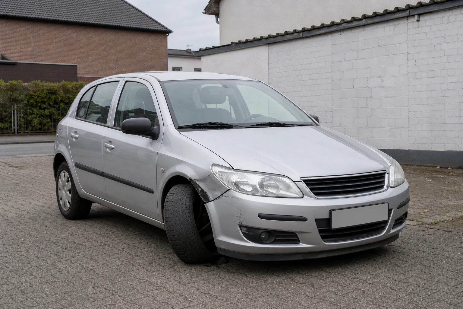 Beispielhafte Verkaufssituation: kleinwagen mit beschädigtem Vorderrad auf festem Untergrund in Voerde