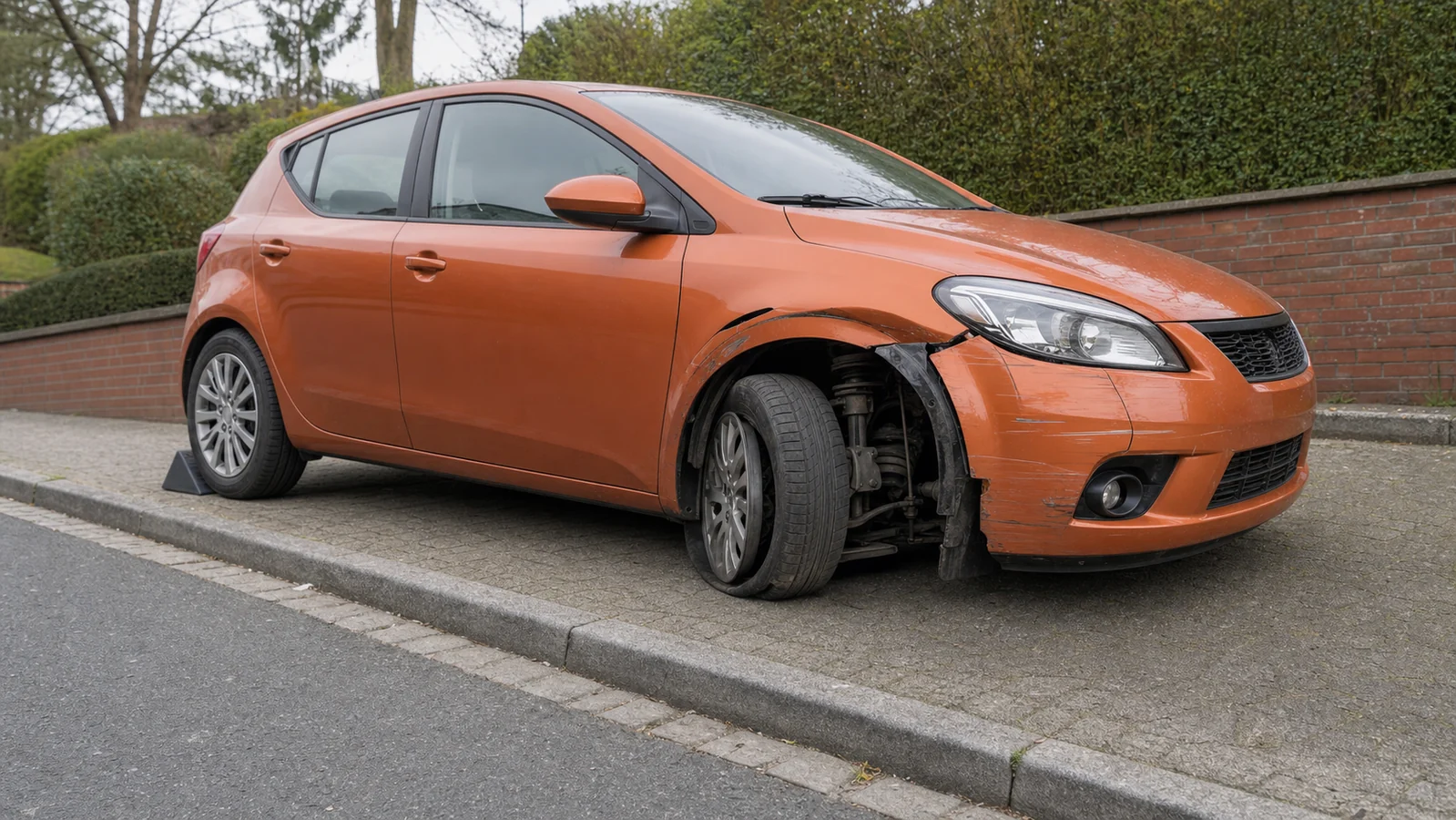 Beispielhafte Verkaufssituation: kleinwagen mit beschädigtem Vorderrad und offener Radhausschale in Witten-Stockum
