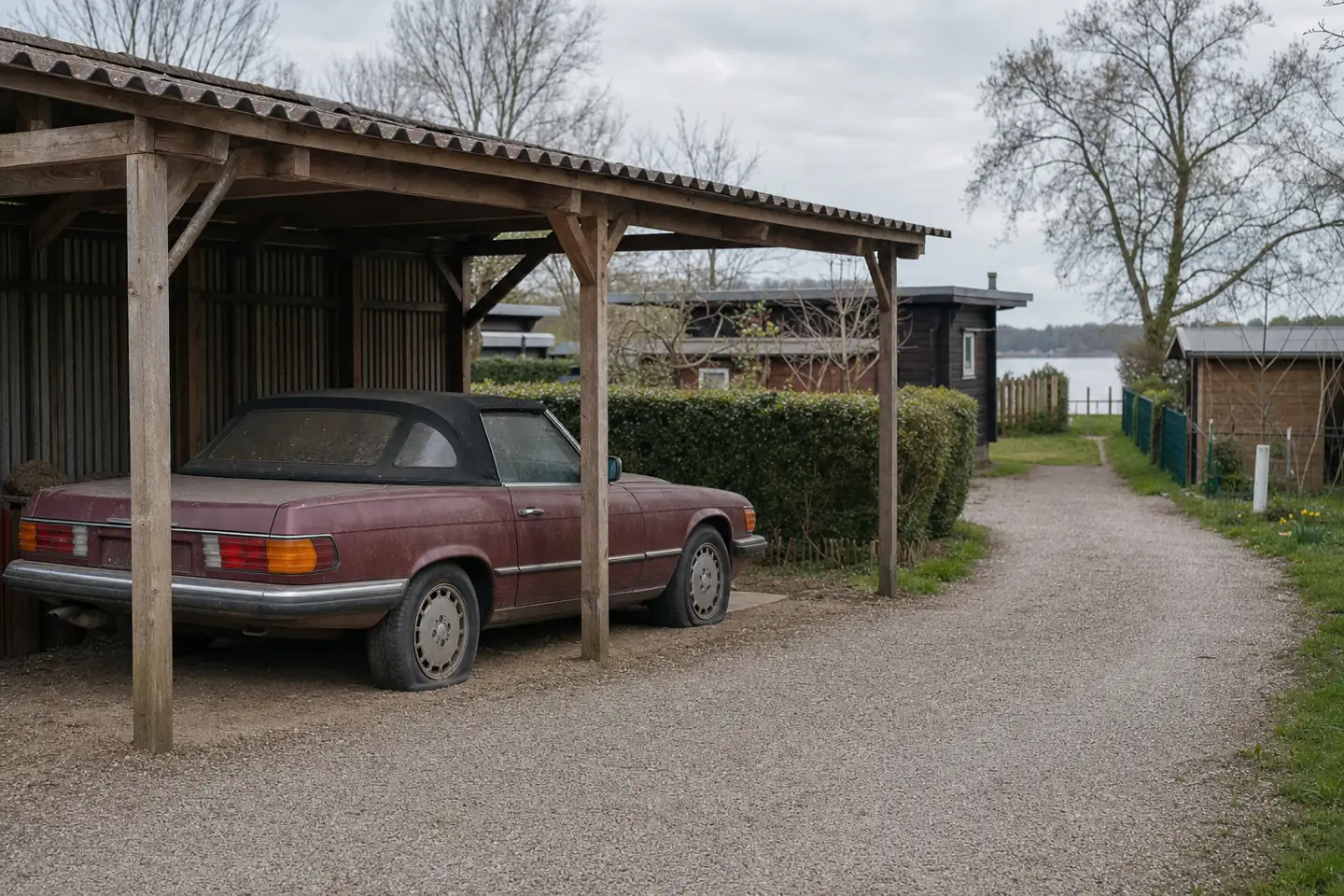 Beispielhafte Verkaufssituation: länger abgestelltes Cabriolet unter einem offenen Carport bei Vynen
