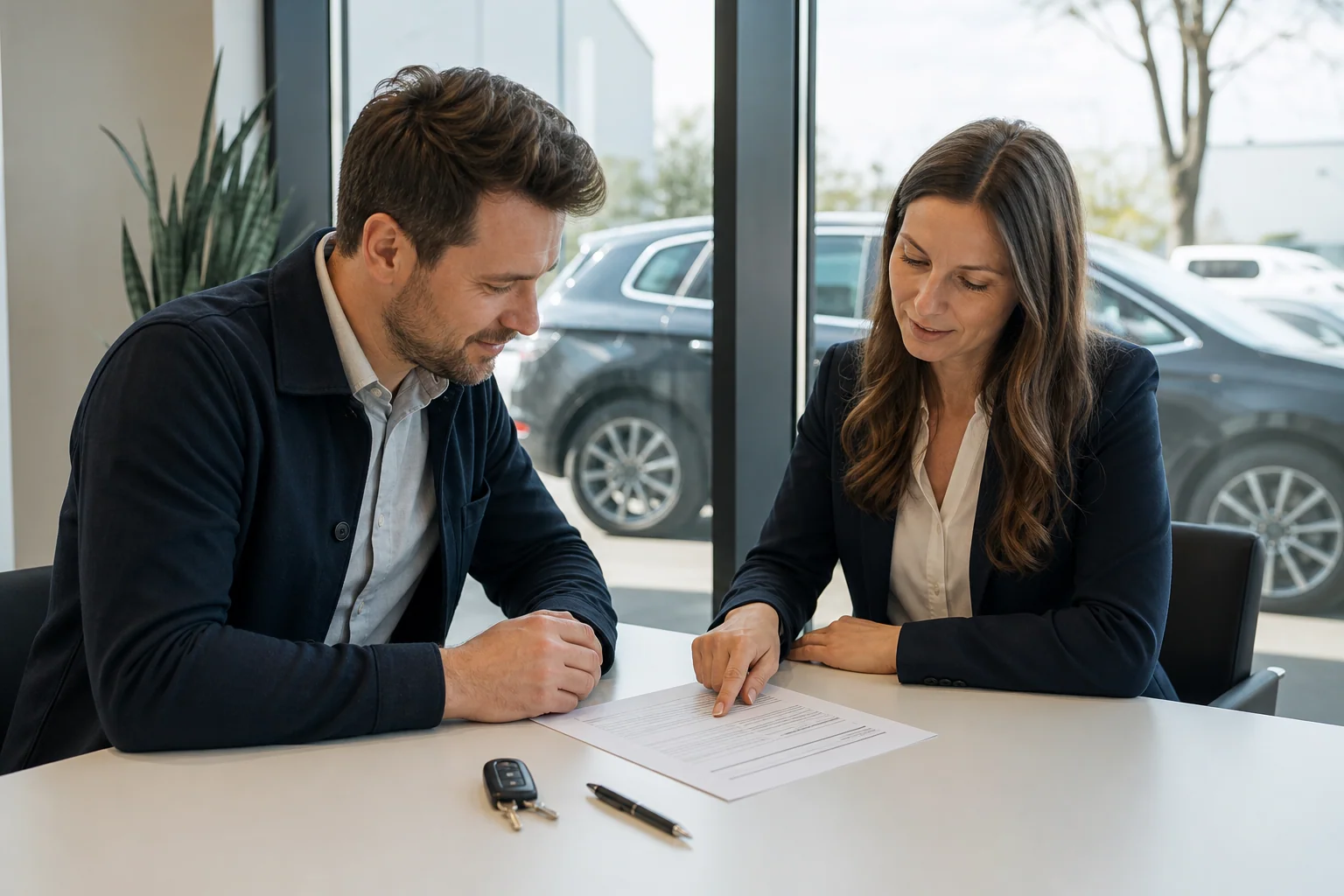 Fahrzeughalter und Ansprechpartner prüfen gemeinsam den Kaufvertrag