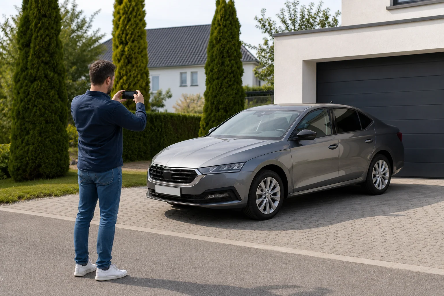 Fahrzeughalter fotografiert sein vollständiges Auto bei Tageslicht