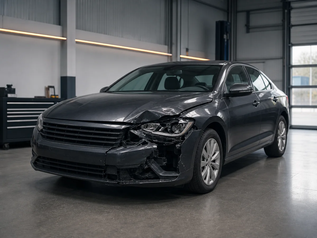 Unfallwagen mit beschädigter Front in einer hellen Prüfhalle