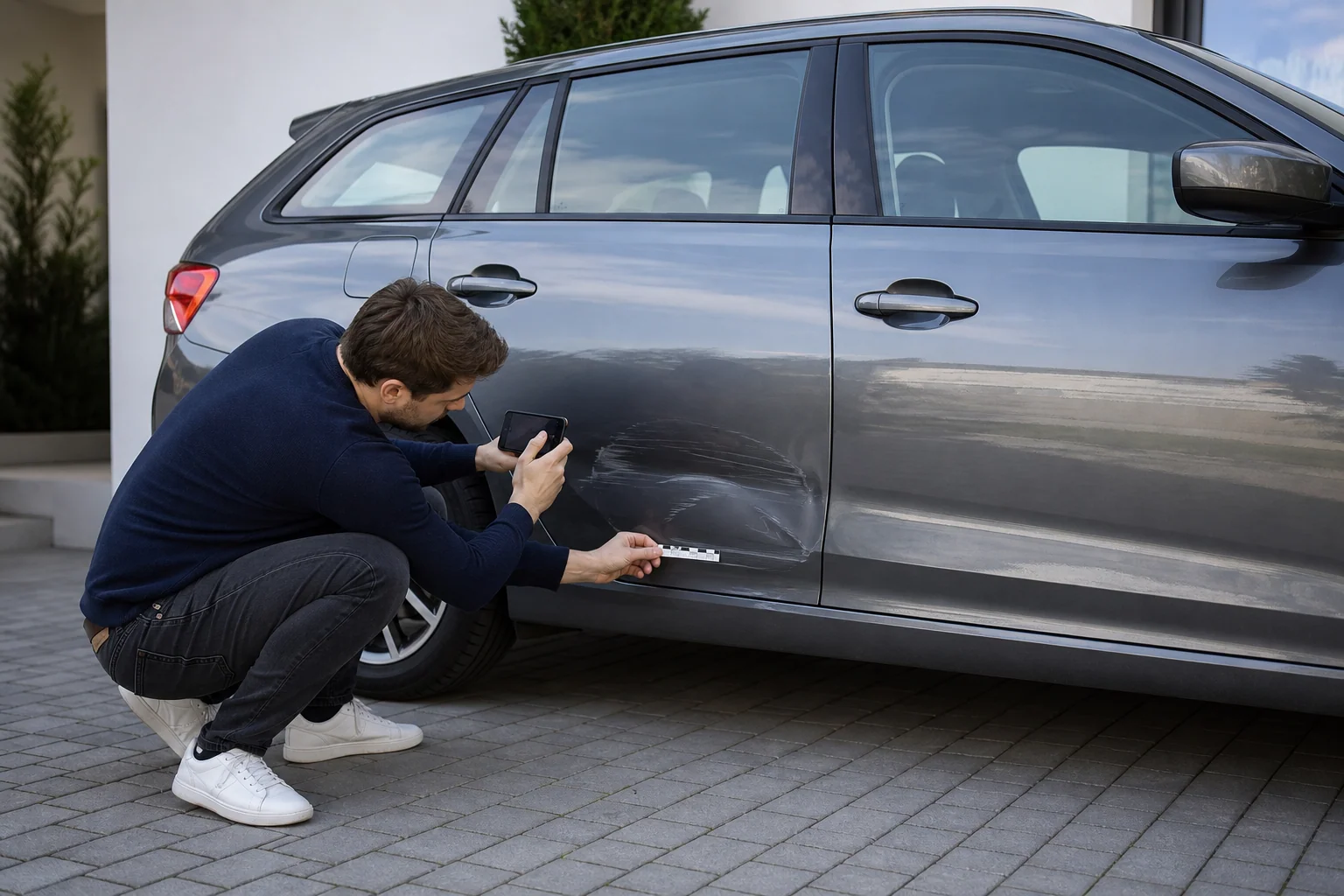Fahrzeughalter fotografiert einen Seitenschaden mit sichtbarem Maßstab