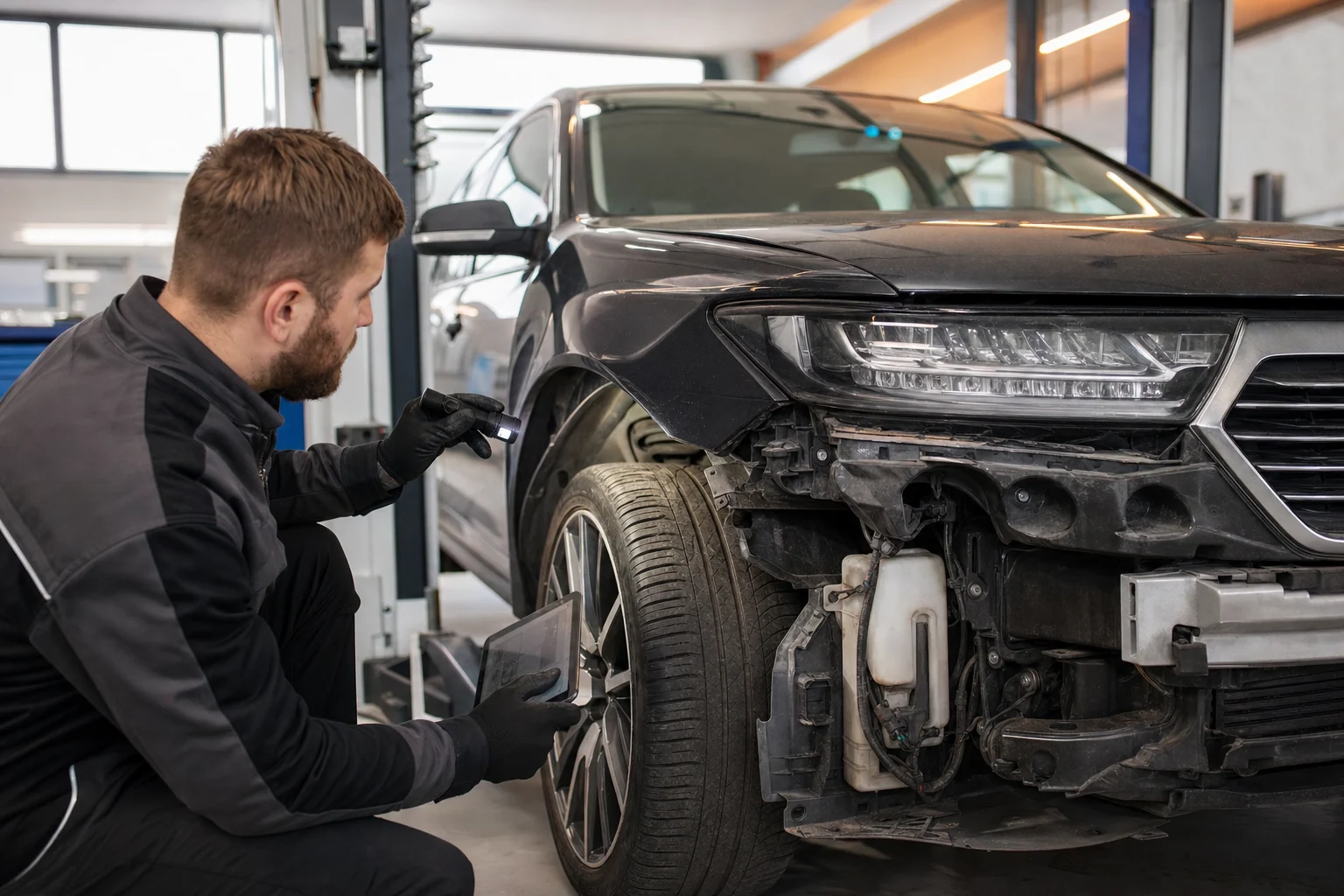 Techniker prüft einen beschädigten vorderen Fahrzeugbereich in einer Werkstatt