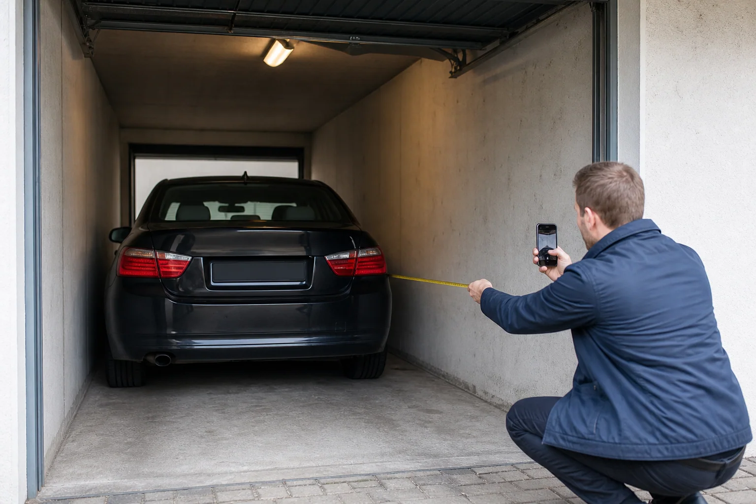 Fahrzeughalter steht neben einem nicht fahrbereiten Auto in einer Garage
