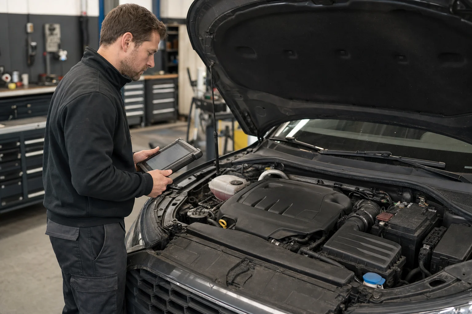 Mechaniker prüft einen geöffneten Motorraum mit einem Diagnosegerät