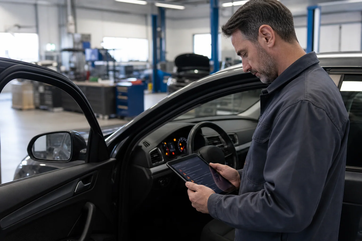 Techniker vergleicht Warnmeldungen im Fahrzeug mit den Diagnosedaten auf einem Tablet