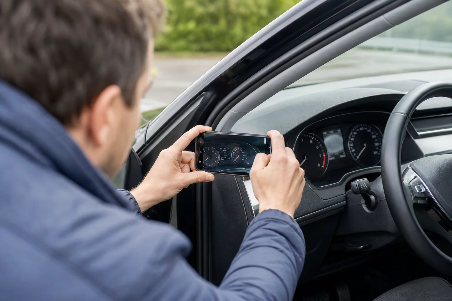 Fahrzeughalter fotografiert Kilometerstand und Instrumentenanzeige durch die geöffnete Fahrertür