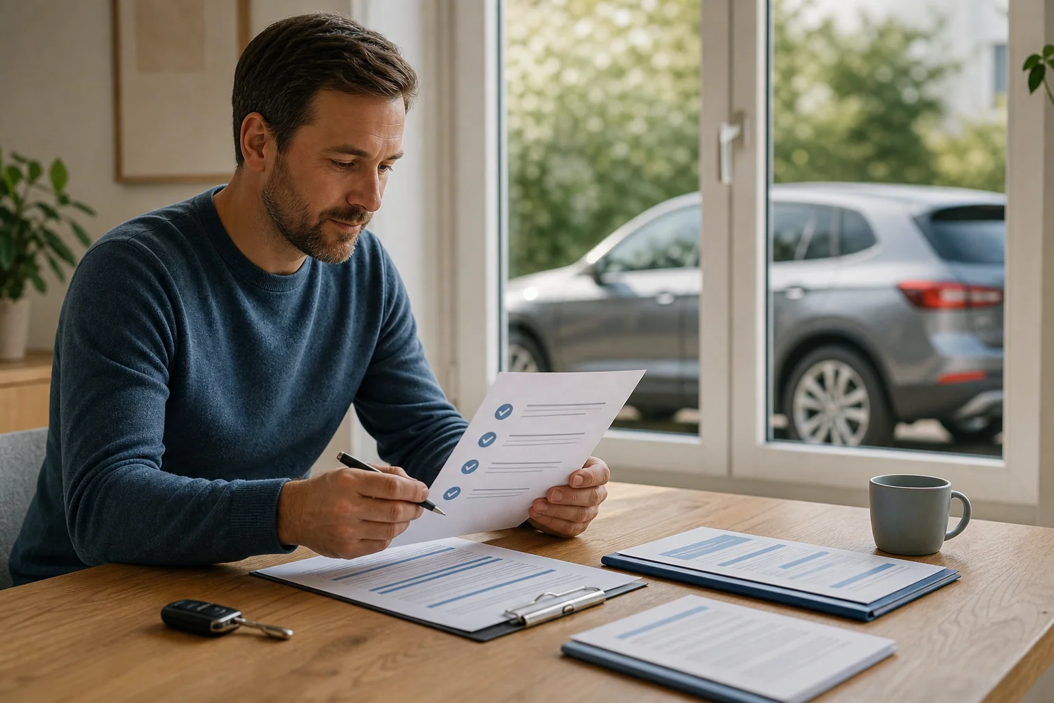 Fahrzeughalter prüft zu Hause eine Checkliste für den Fahrzeugverkauf