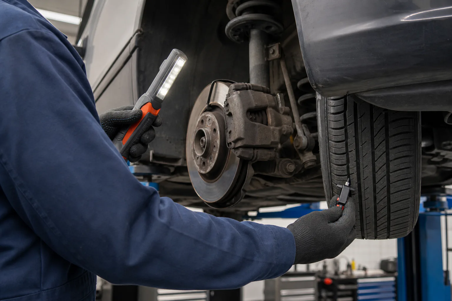 Techniker kontrolliert Reifenprofil und Bremsanlage eines älteren Fahrzeugs