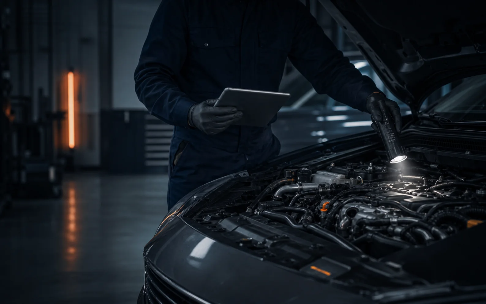Fachliche Prüfung des Motorraums eines Gebrauchtwagens