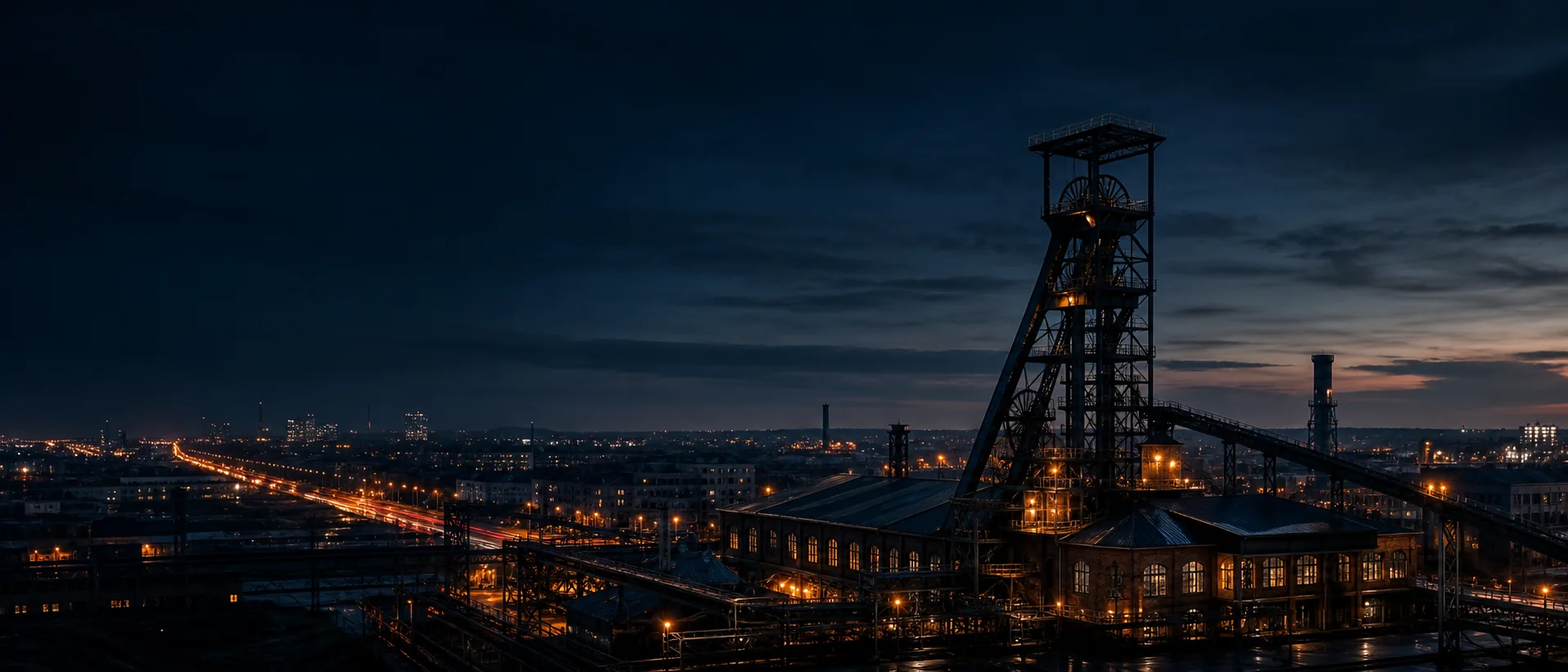 Industriepanorama und Stadtlandschaft im Ruhrgebiet bei Nacht