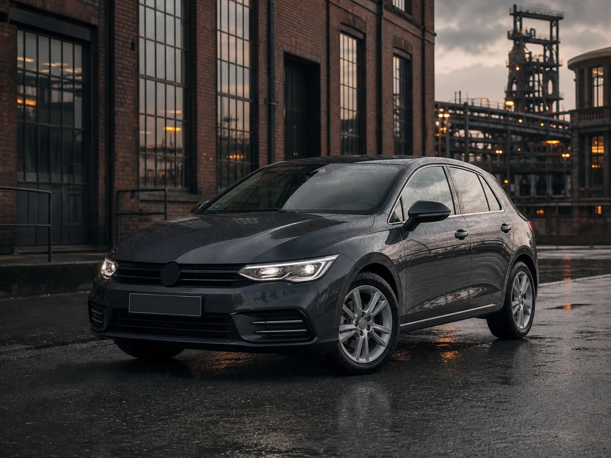 Gepflegter dunkler Gebrauchtwagen vor Industriearchitektur im Ruhrgebiet