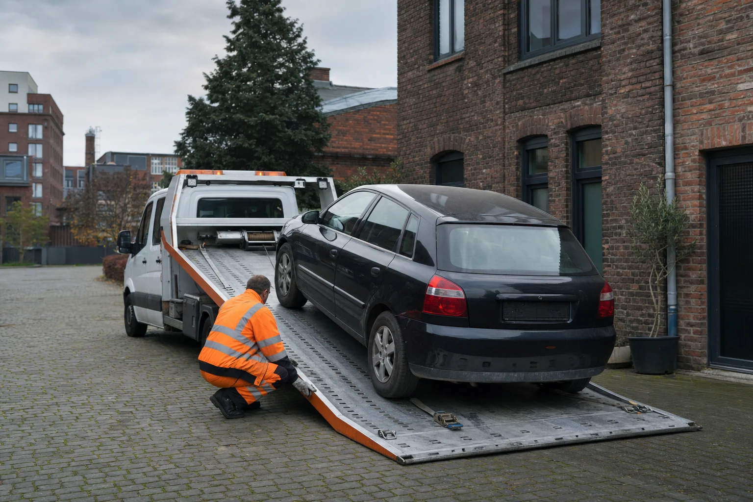 Nicht fahrbereites Auto wird in einem Innenhof auf ein Transportfahrzeug geladen